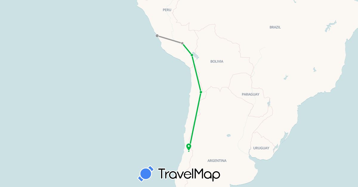 TravelMap itinerary: driving, bus, plane in Chile, Peru (South America)
